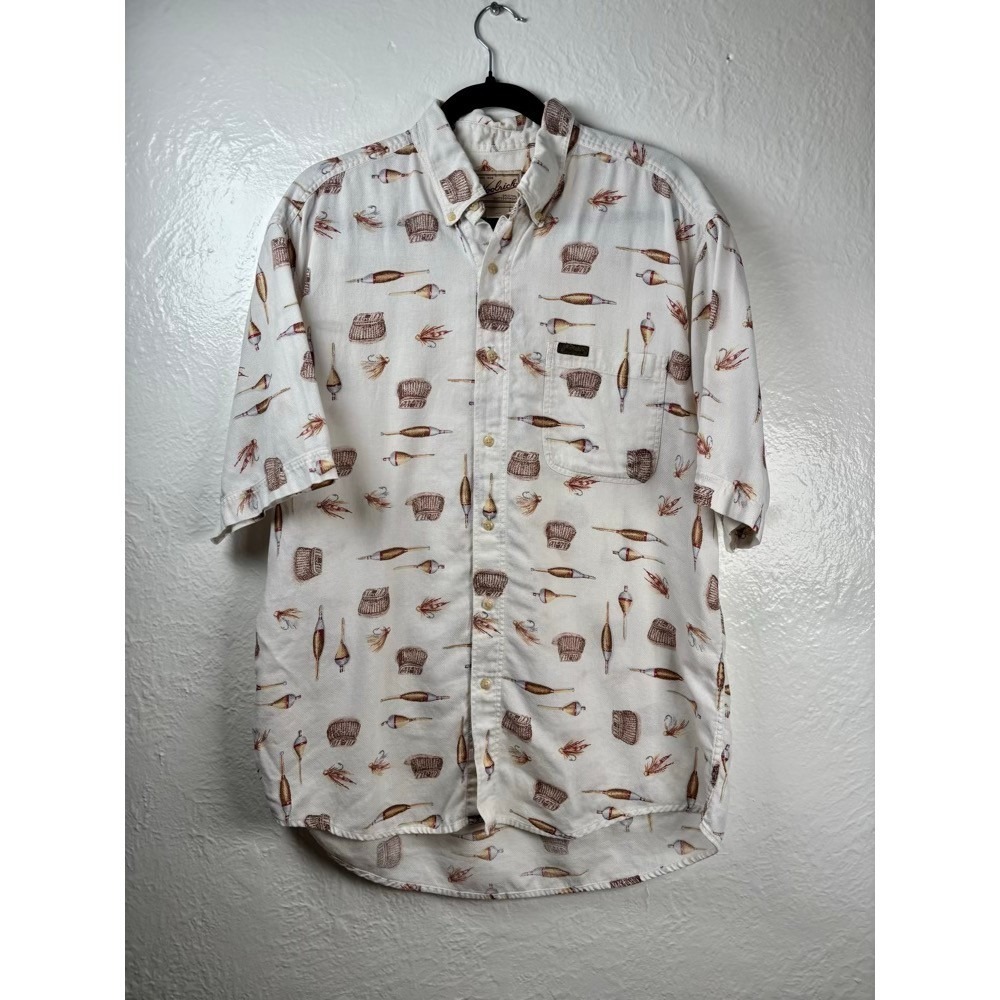 Woolrich Fishing Print Shirt Mens L Cream Short Sleeve Cotton Fathers Day Dad